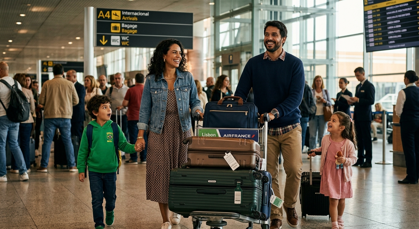 Família brasileira chegando ao aeroporto italiano